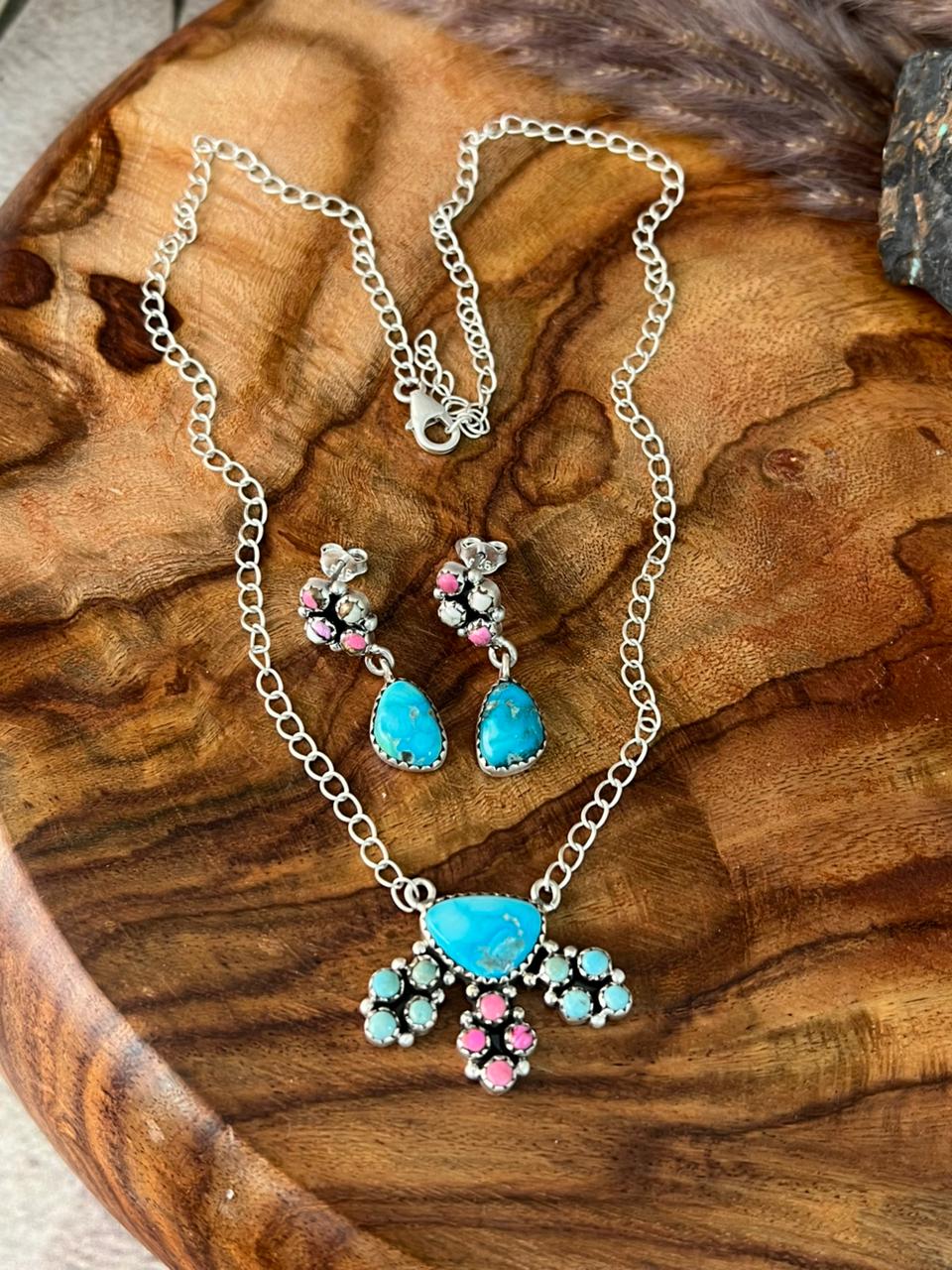 Handmade Sterling Silver Sierra Bella Turquoise with Cotton Candy Collection: Necklace Earrings Set "Signed Nizhoni"