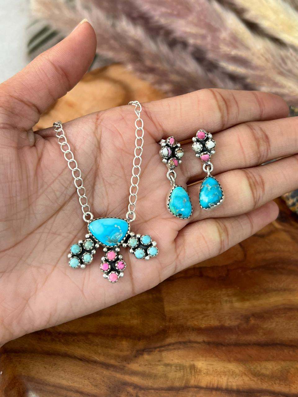 Handmade Sterling Silver Sierra Bella Turquoise with Cotton Candy Collection: Necklace Earrings Set "Signed Nizhoni"