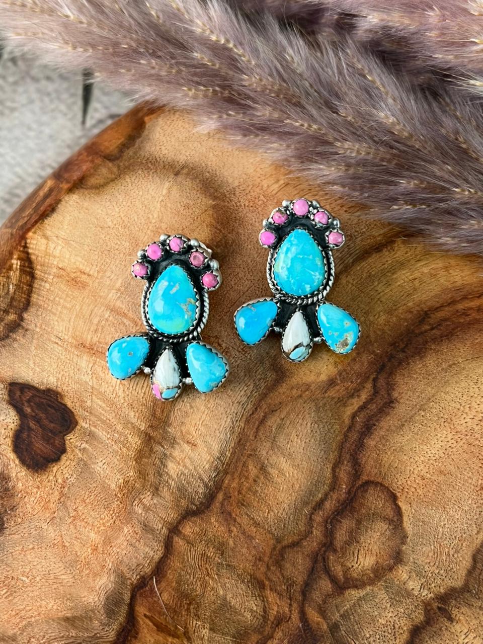 Handmade Sterling Silver Sierra Bella Turquoise with Cotton Candy Collection: Post Studs Earrings "Signed Nizhoni"