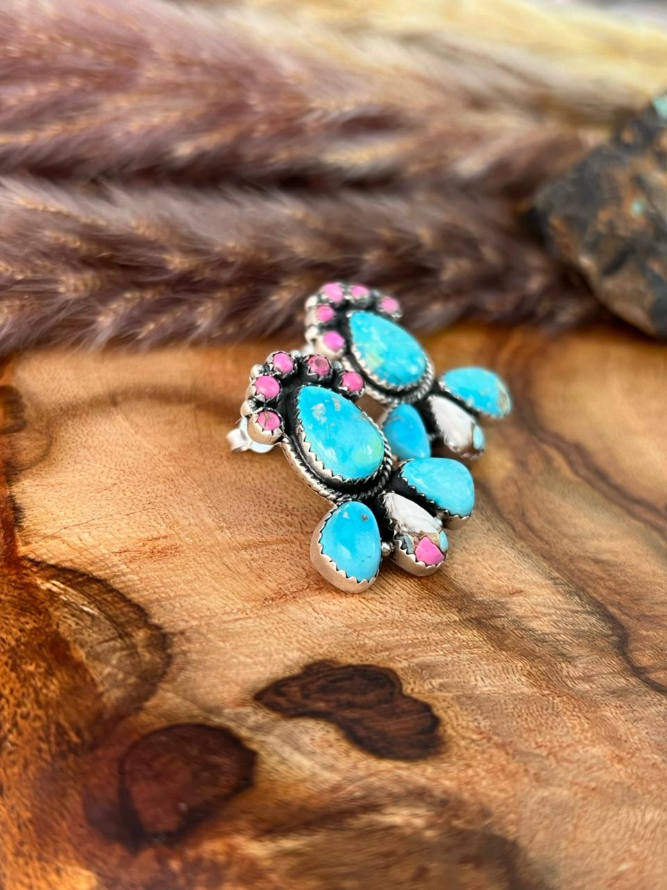 Handmade Sterling Silver Sierra Bella Turquoise with Cotton Candy Collection: Post Studs Earrings "Signed Nizhoni"