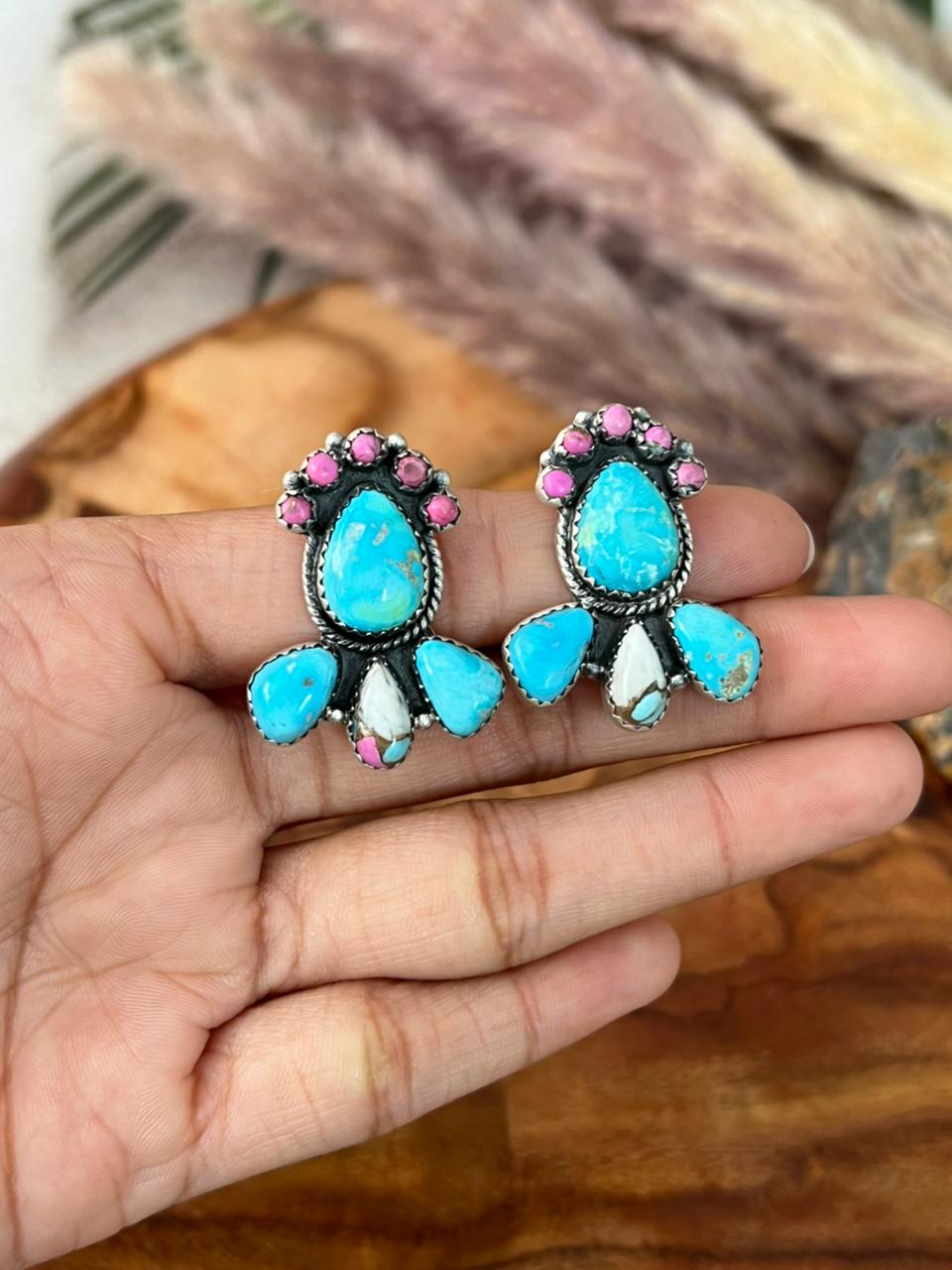 Handmade Sterling Silver Sierra Bella Turquoise with Cotton Candy Collection: Post Studs Earrings "Signed Nizhoni"