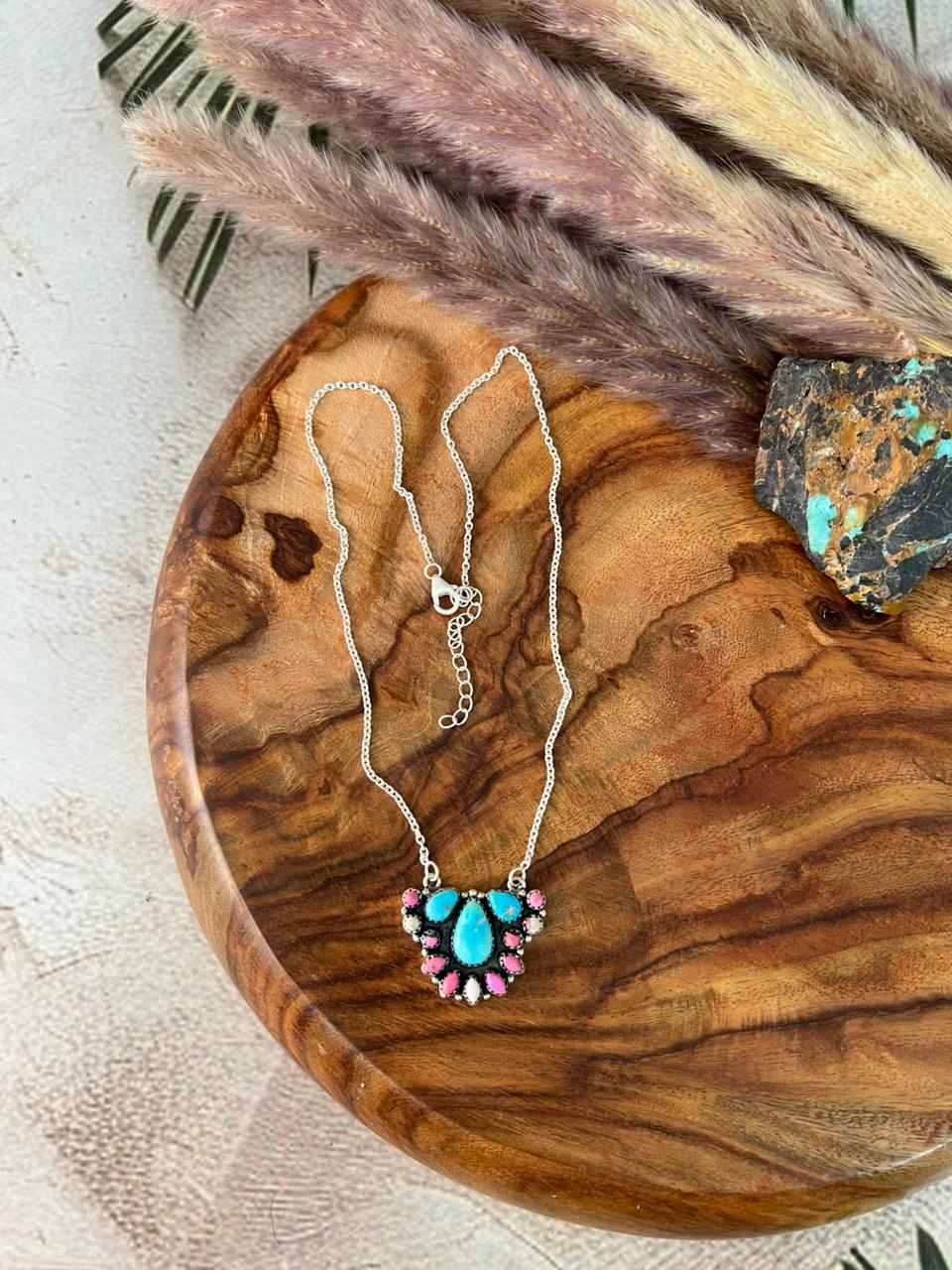 Handmade Sterling Silver Sierra Bella Turquoise with Cotton Candy Collection: Necklace "Signed Nizhoni"