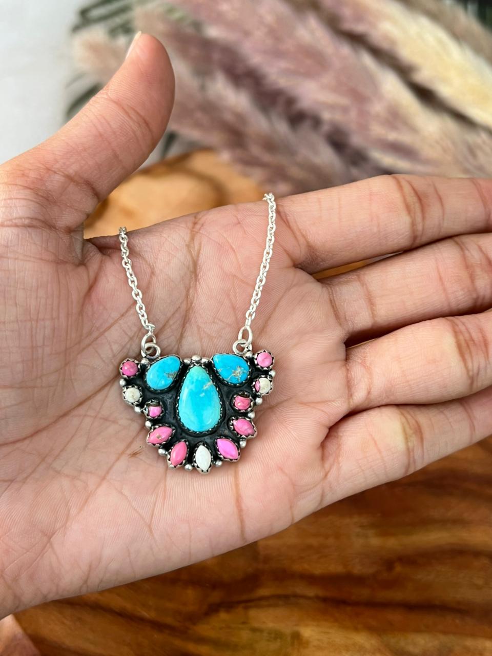 Handmade Sterling Silver Sierra Bella Turquoise with Cotton Candy Collection: Necklace "Signed Nizhoni"