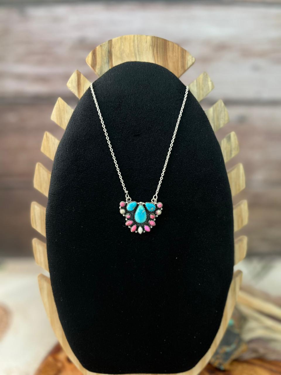 Handmade Sterling Silver Sierra Bella Turquoise with Cotton Candy Collection: Necklace "Signed Nizhoni"