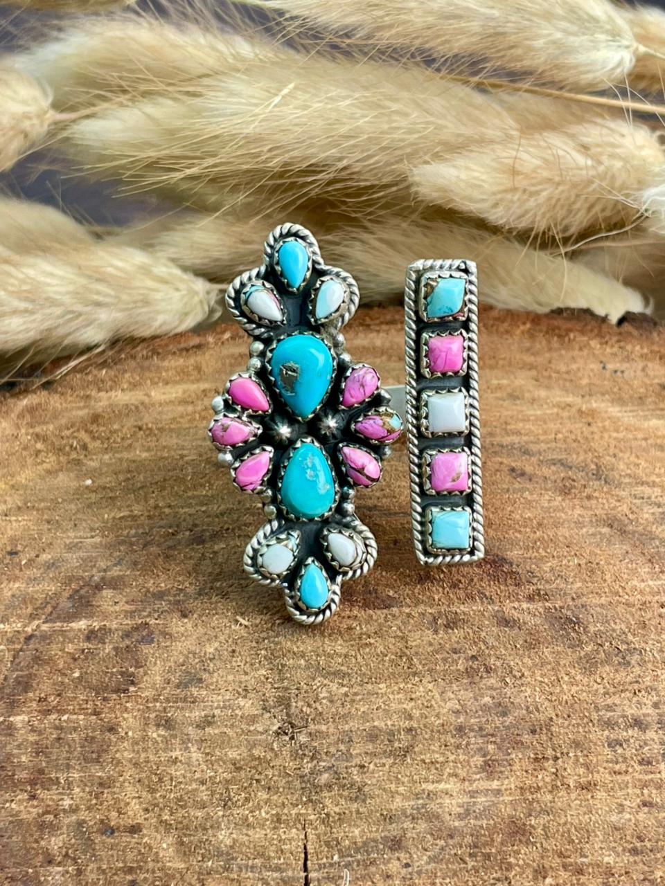 Handmade Sterling Silver Sierra Bella Turquoise with Cotton Candy Collection: Adjustable Ring "Signed Nizhoni" (4)