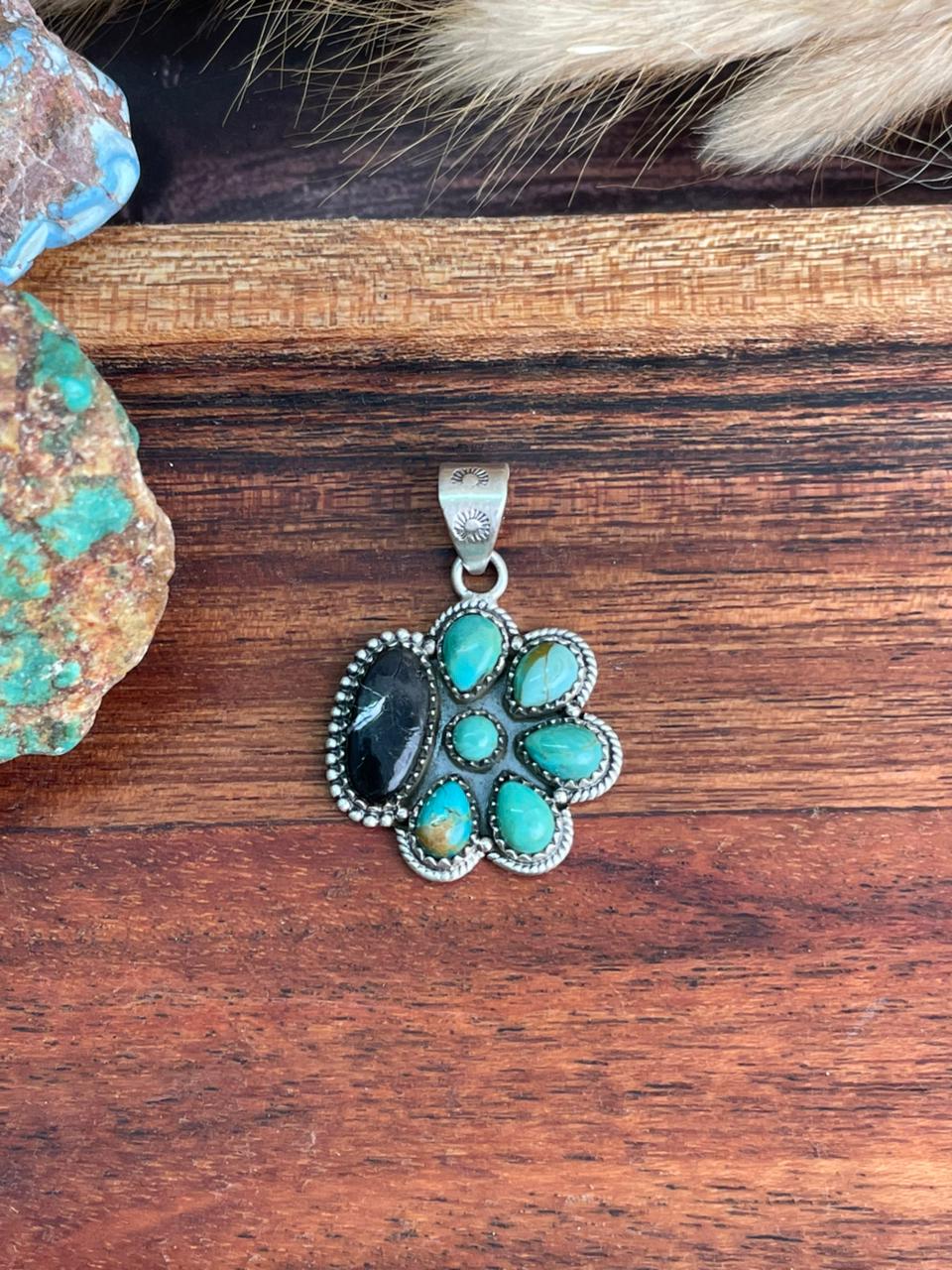 Handmade Sterling Silver Kingman Turquoise with White Buffalo Pendant "Signed Nizhoni"