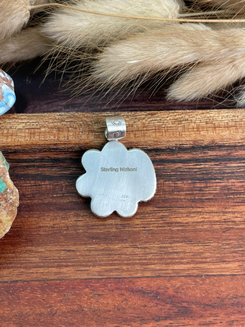 Handmade Sterling Silver Kingman Turquoise with White Buffalo Pendant "Signed Nizhoni"