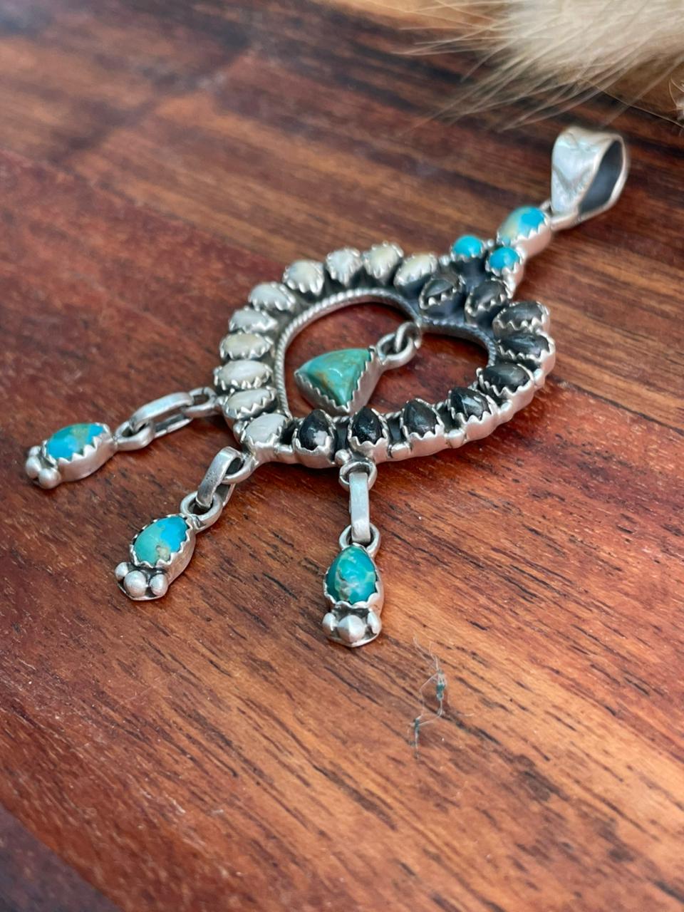 Handmade Sterling Silver Kingman Turquoise with White Buffalo Heart Pendant "Signed Nizhoni"