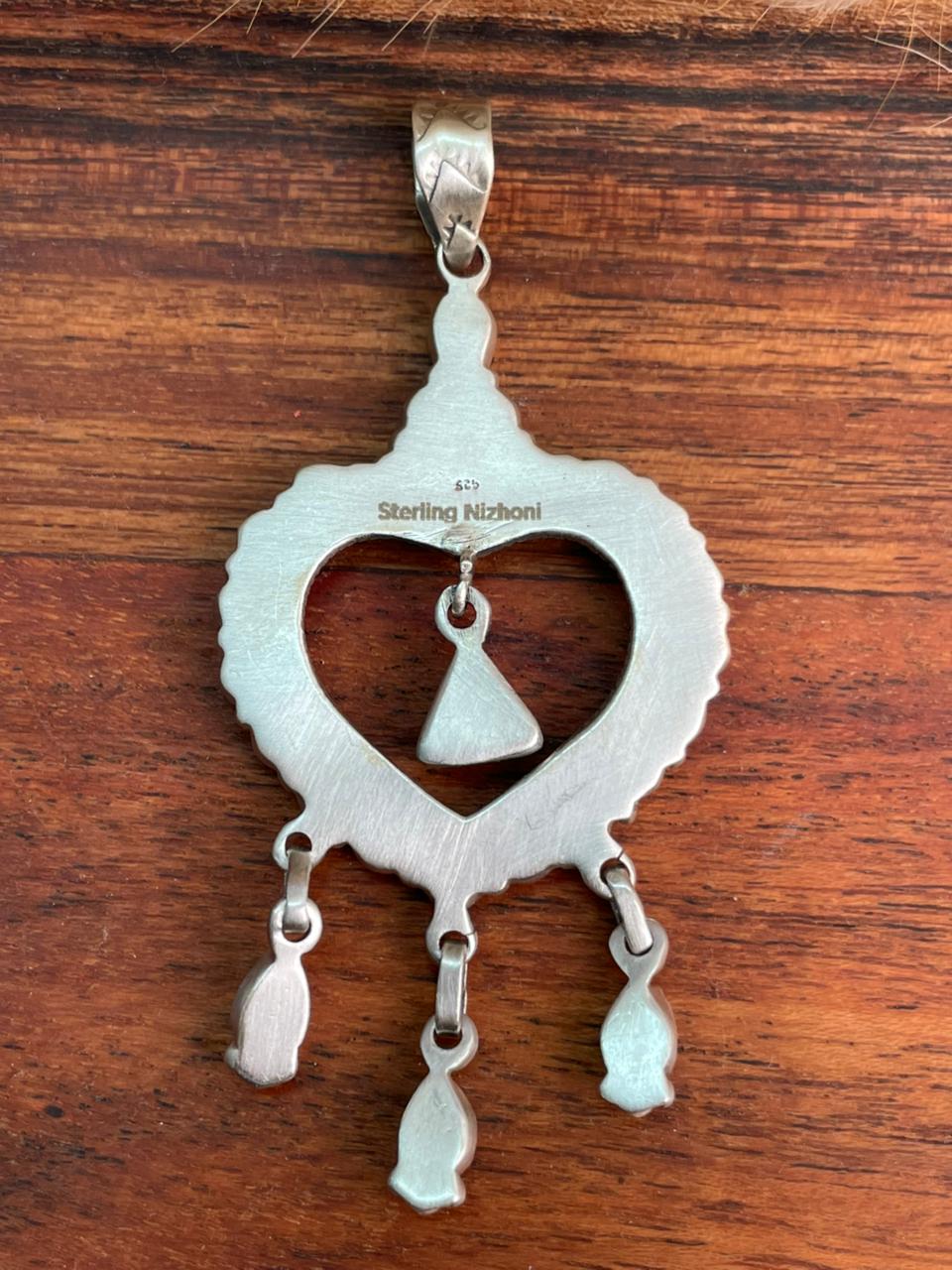 Handmade Sterling Silver Kingman Turquoise with White Buffalo Heart Pendant "Signed Nizhoni"