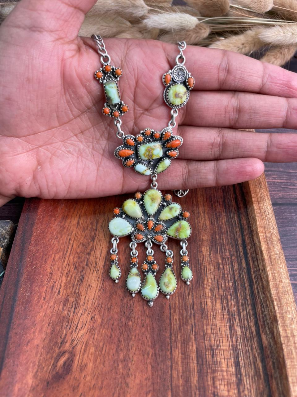 Handmade Sterling Silver Paloma Turquoise with Orange Mojave Necklace "Signed Nizhoni"