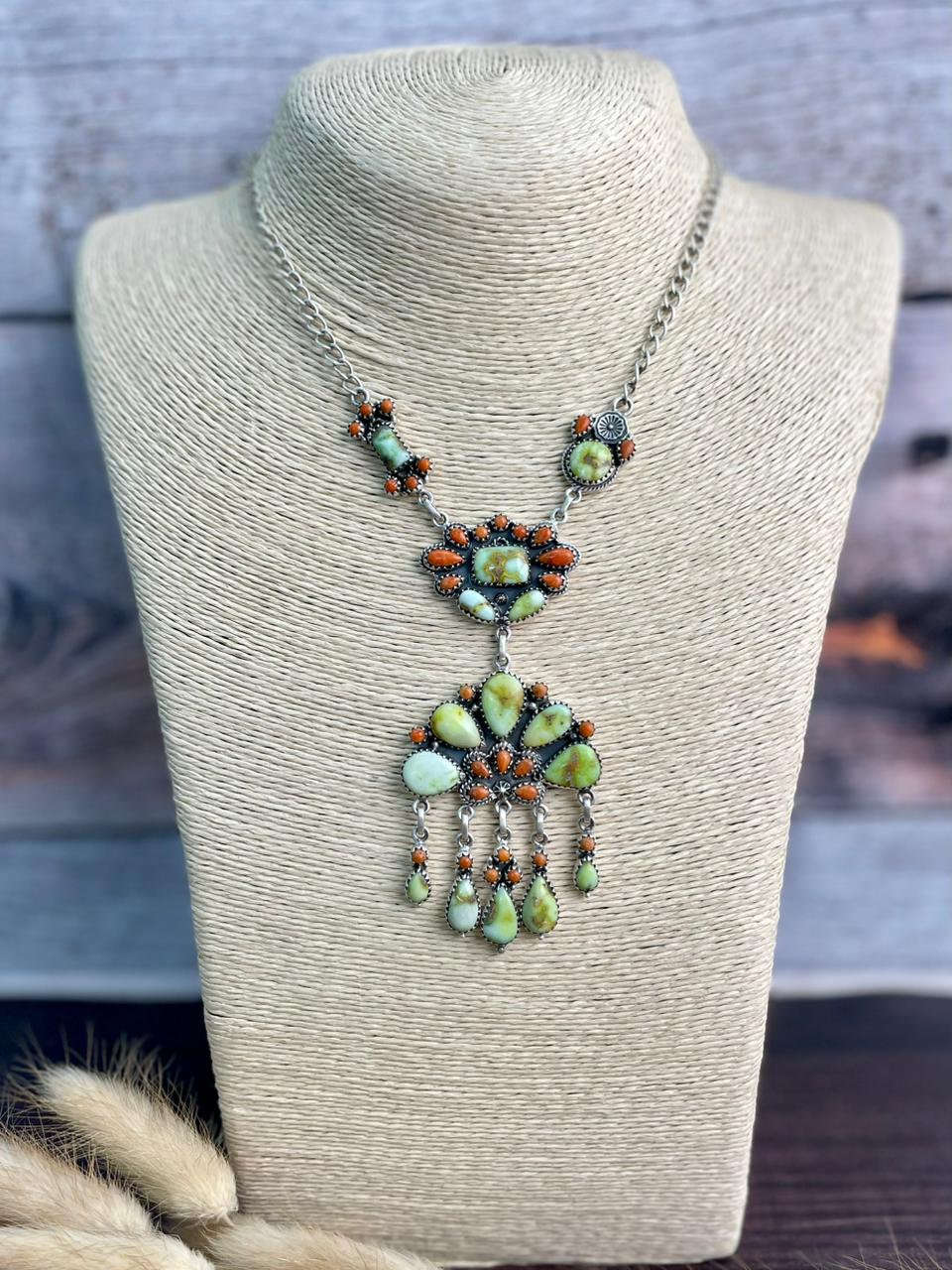 Handmade Sterling Silver Paloma Turquoise with Orange Mojave Necklace "Signed Nizhoni"
