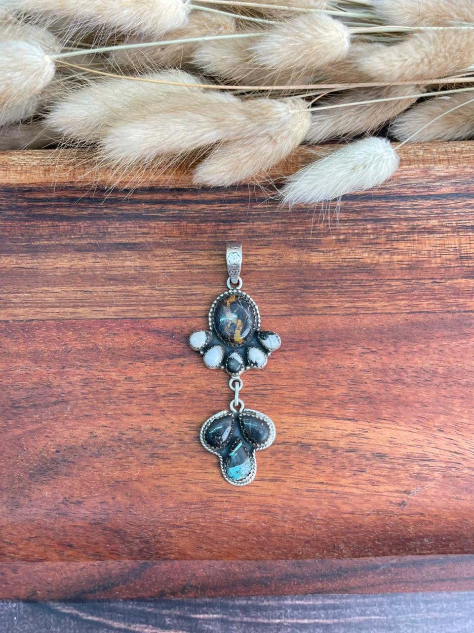 Handmade Sterling Silver Blackjack Turquoise with White Buffalo Pendant "Signed Nizhoni"