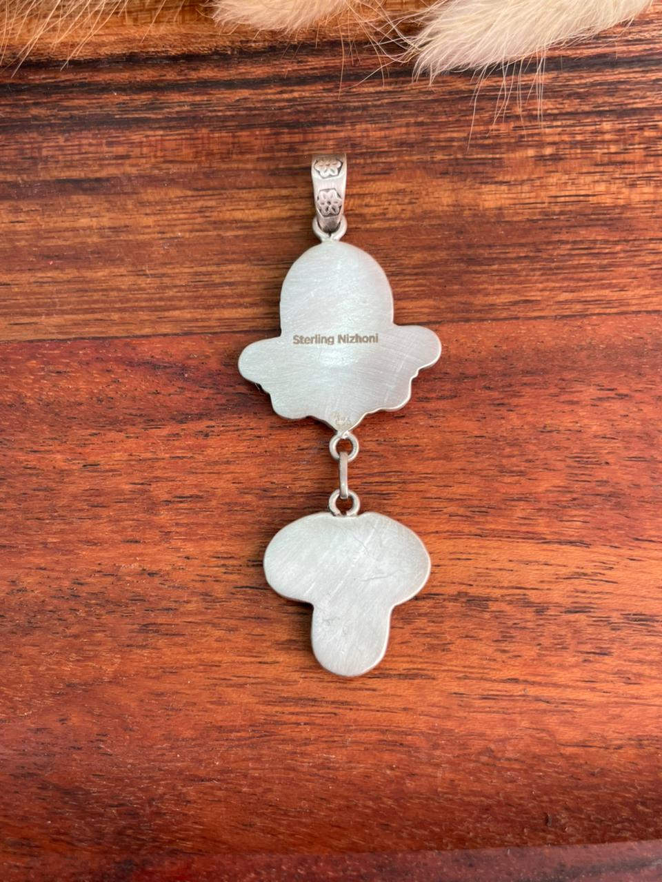 Handmade Sterling Silver Blackjack Turquoise with White Buffalo Pendant "Signed Nizhoni"