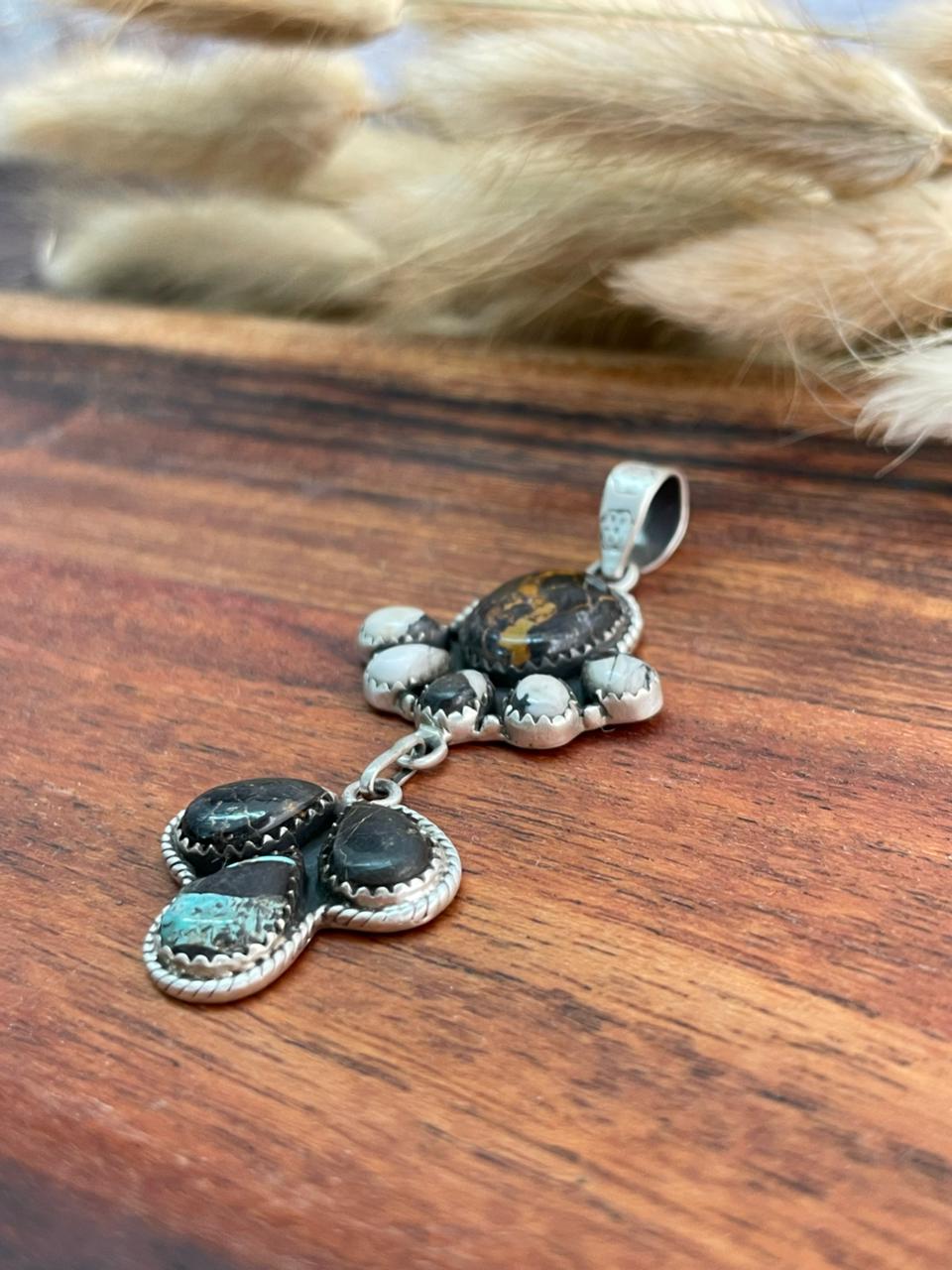 Handmade Sterling Silver Blackjack Turquoise with White Buffalo Pendant "Signed Nizhoni"