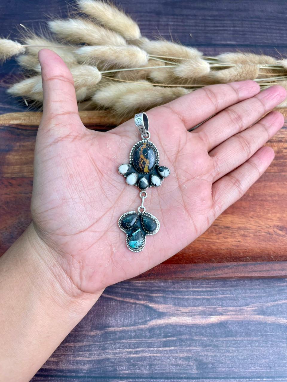Handmade Sterling Silver Blackjack Turquoise with White Buffalo Pendant "Signed Nizhoni"