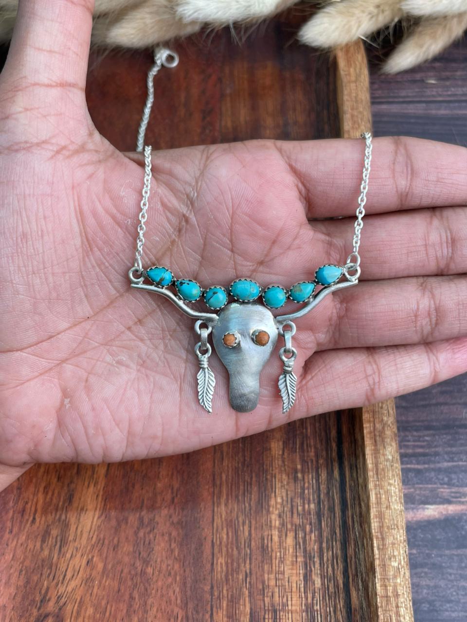 Handmade Sterling Silver Kingman Turquoise with Orange Mojave Bull Necklace "Signed Nizhoni"