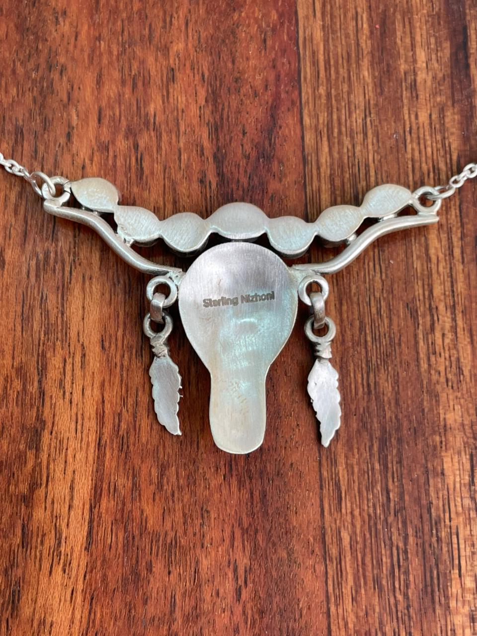 Handmade Sterling Silver Kingman Turquoise with Orange Mojave Bull Necklace "Signed Nizhoni"