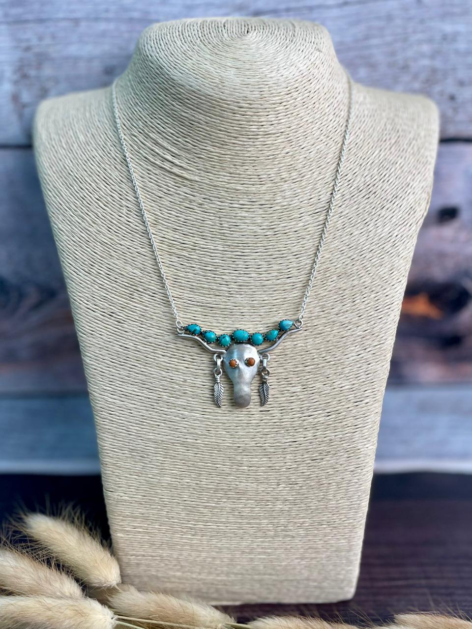 Handmade Sterling Silver Kingman Turquoise with Orange Mojave Bull Necklace "Signed Nizhoni"