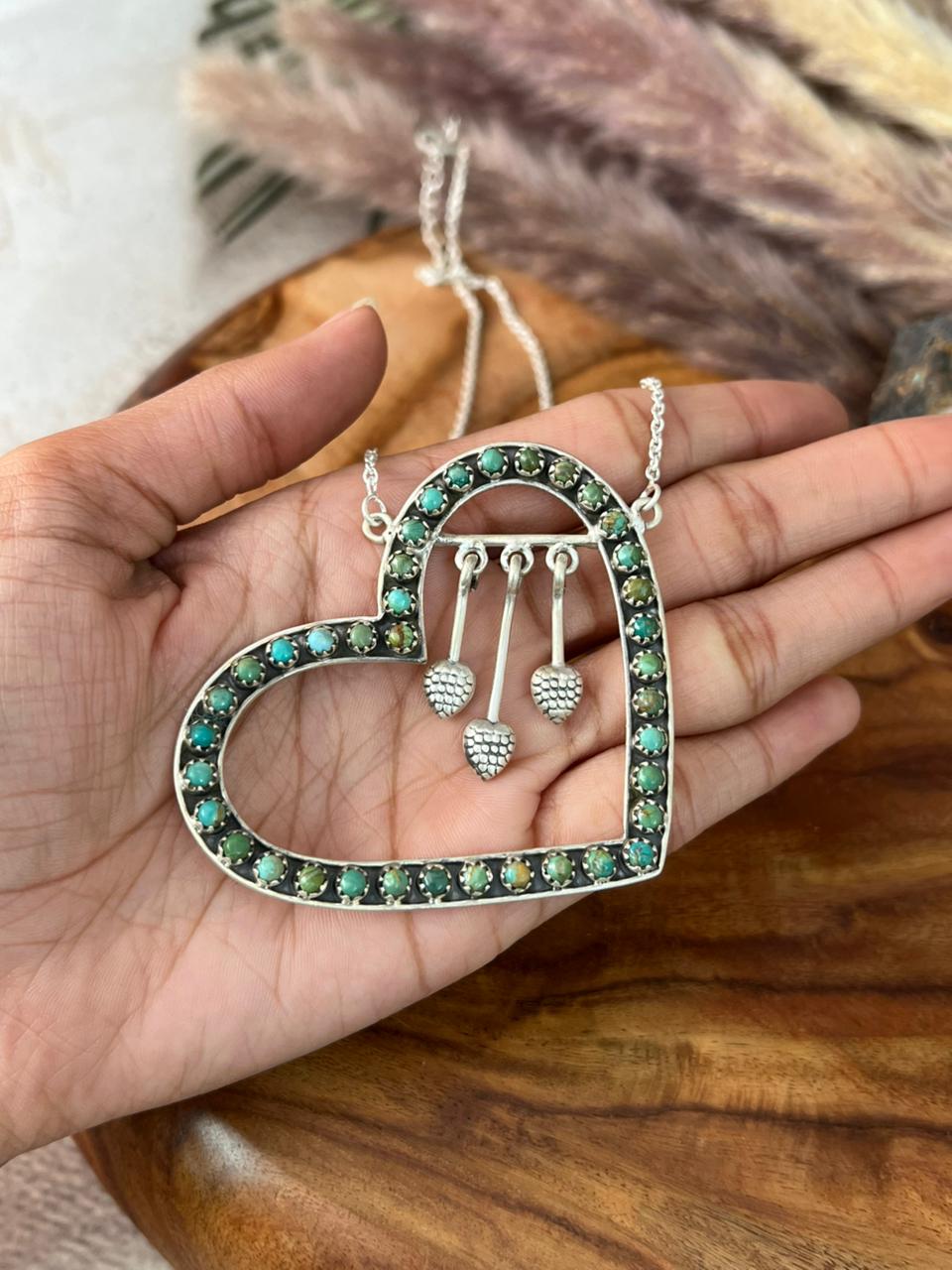 Handmade Sterling Silver Kingman Turquoise Heart Necklace "Signed Nizhoni"