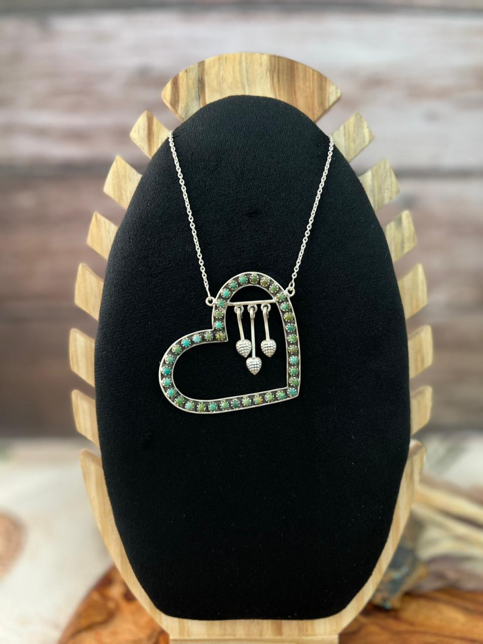 Handmade Sterling Silver Kingman Turquoise Heart Necklace "Signed Nizhoni"