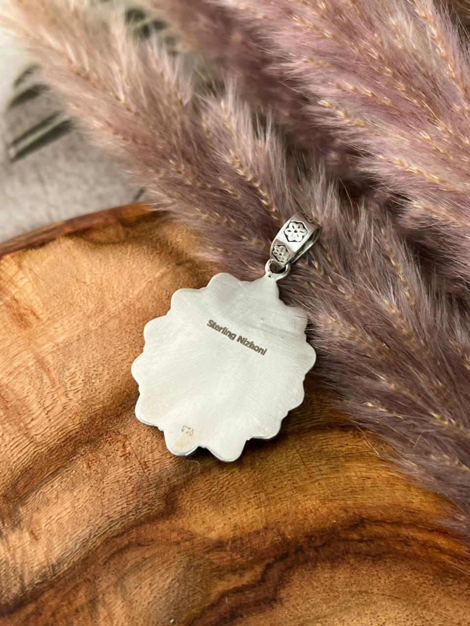 Handmade Sterling Silver Blackjack Turquoise with White Buffalo Pendant "Signed Nizhoni"