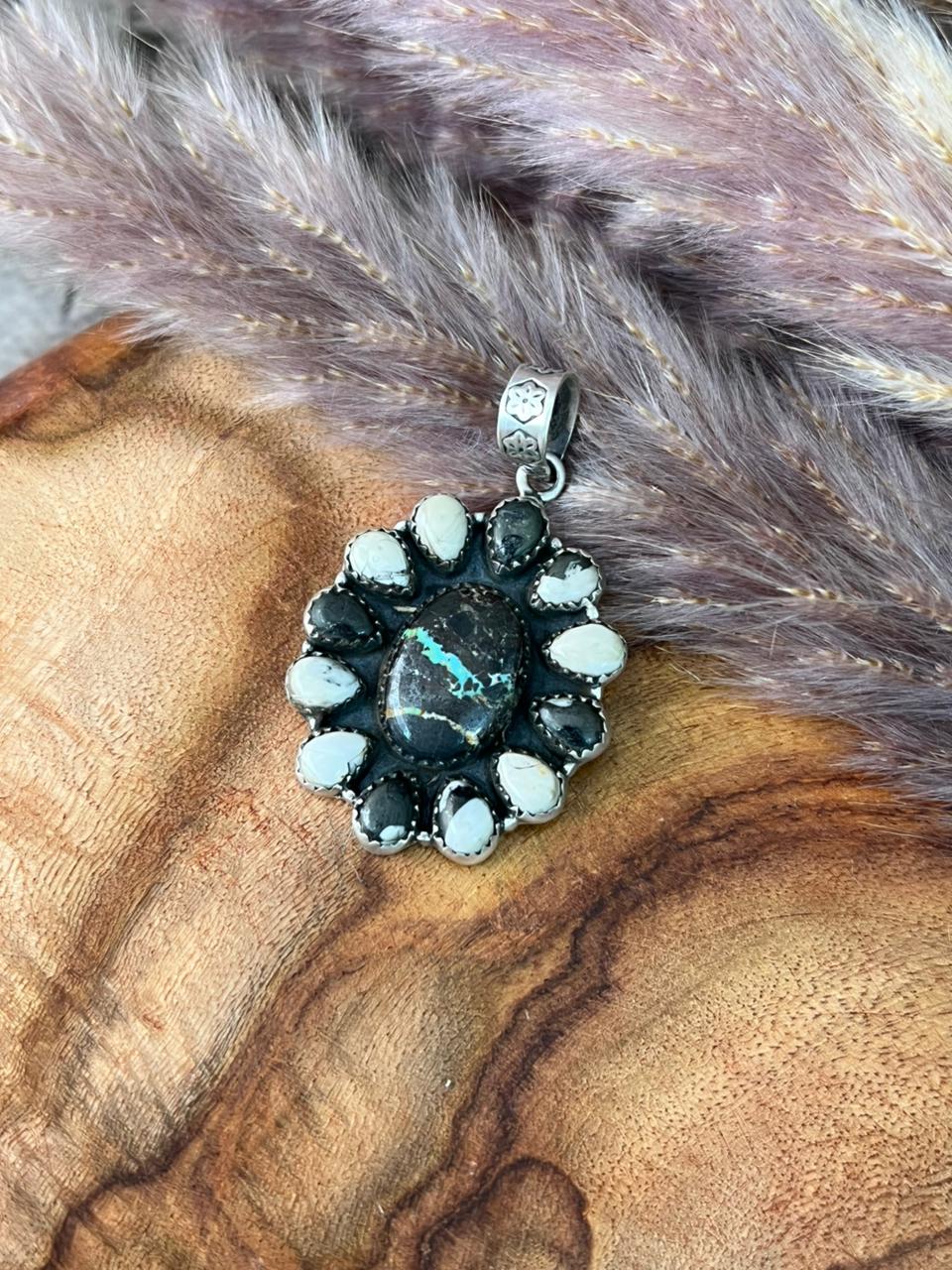 Handmade Sterling Silver Blackjack Turquoise with White Buffalo Pendant "Signed Nizhoni"
