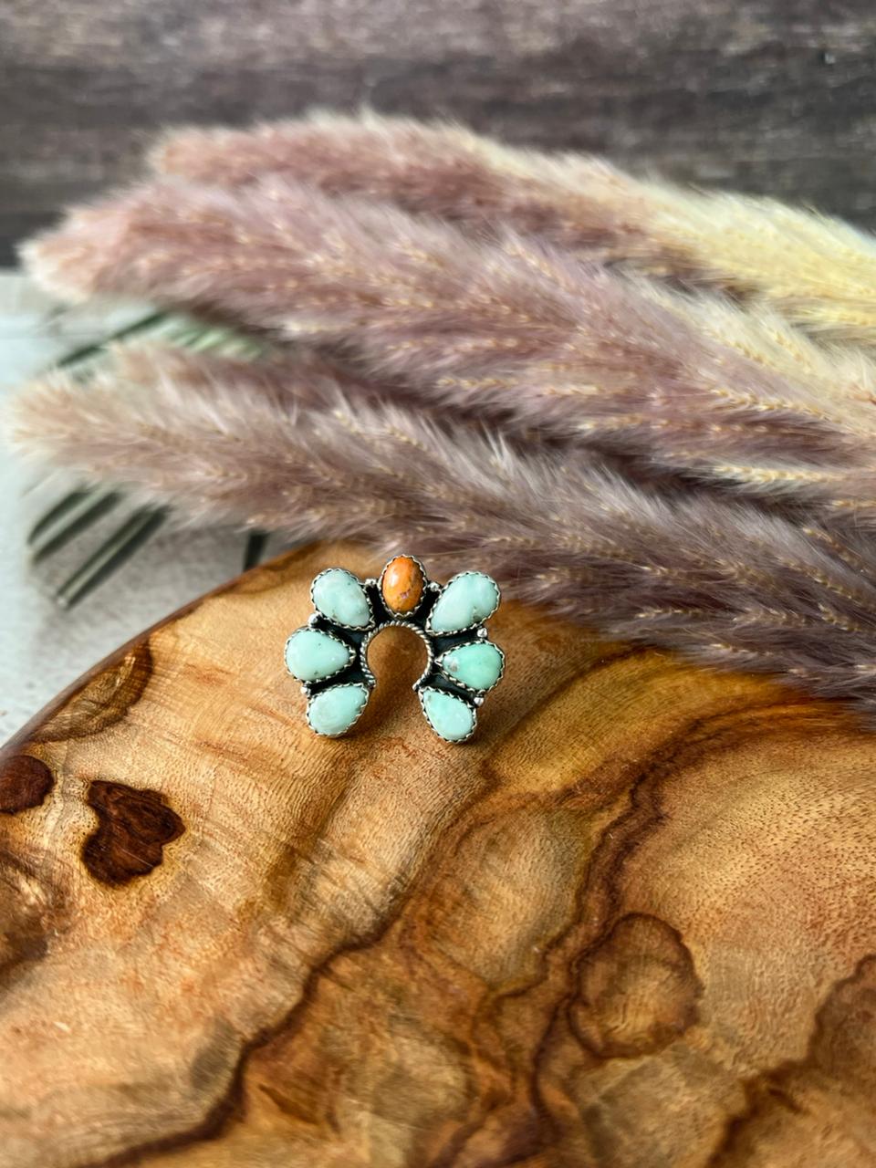 Handmade Sterling Silver Paloma Turquoise with Orange Mojave Adjustable Ring "Signed Nizhoni"