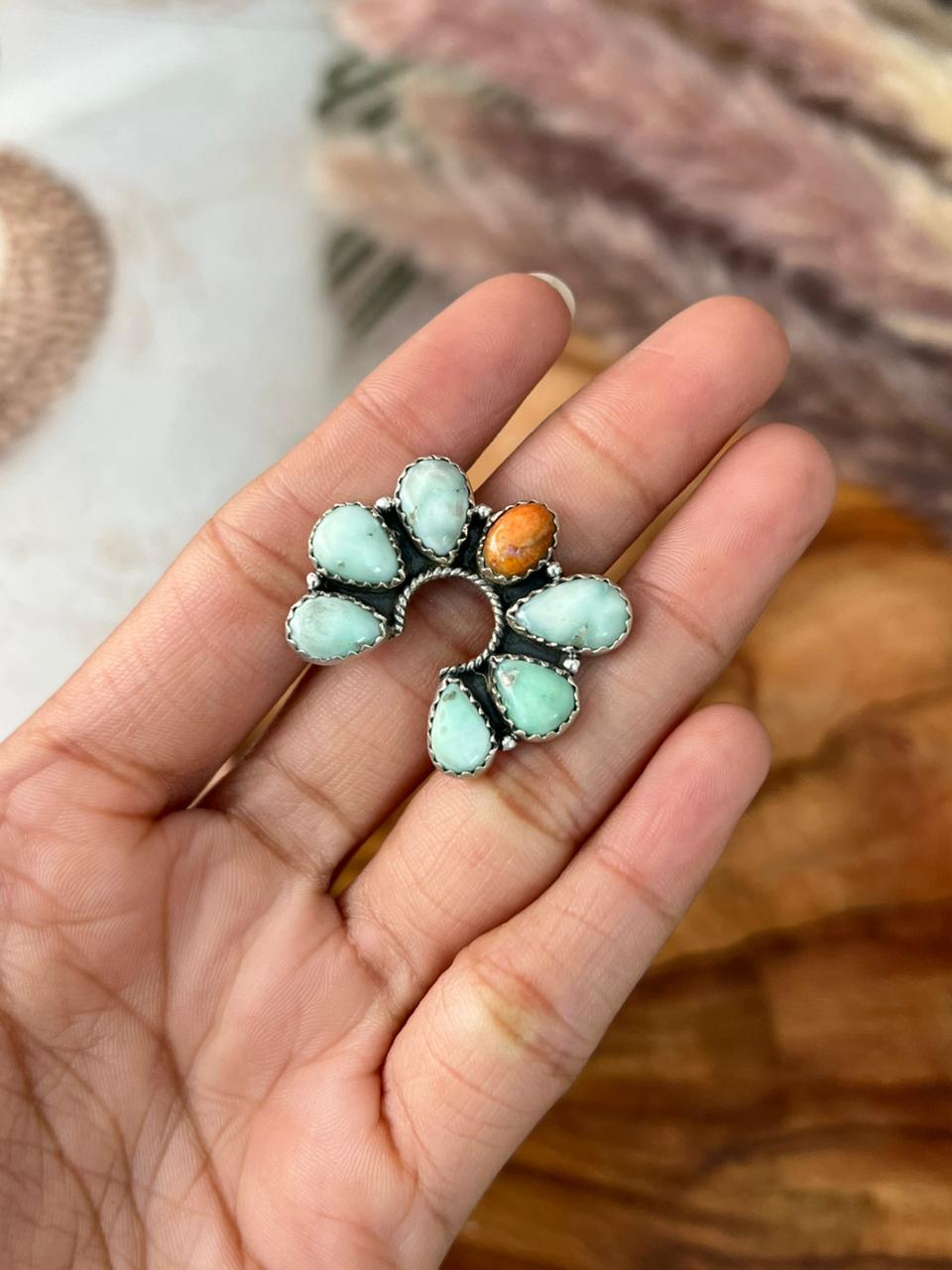 Handmade Sterling Silver Paloma Turquoise with Orange Mojave Adjustable Ring "Signed Nizhoni"
