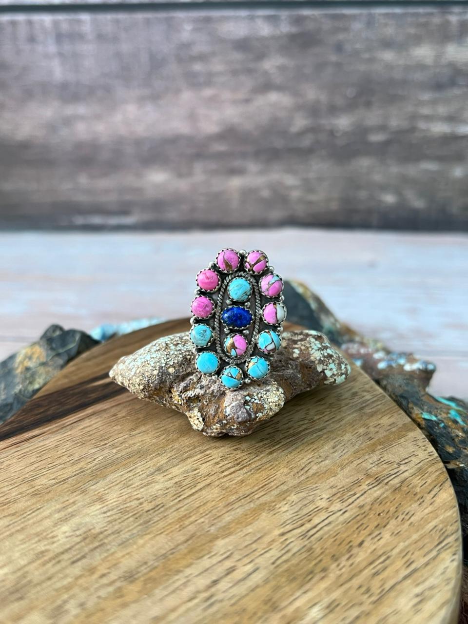 Handmade Sterling Silver Cotton Candy with Lapis Adjustable Ring "Signed Nizhoni"