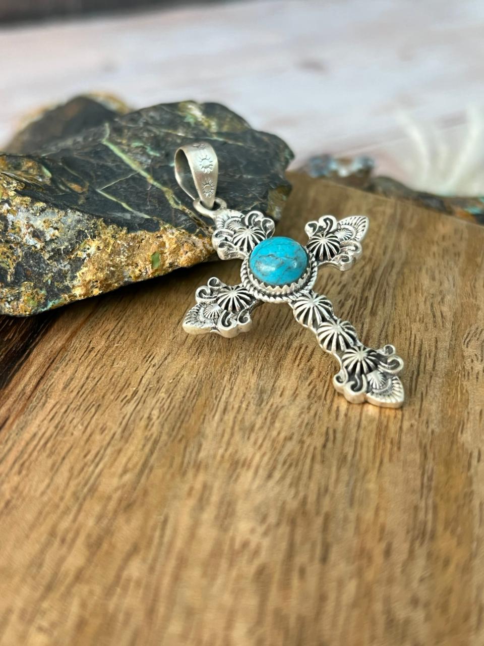 Handmade Sterling Silver Kingman Turquoise Cross Pendant "Signed Nizhoni"