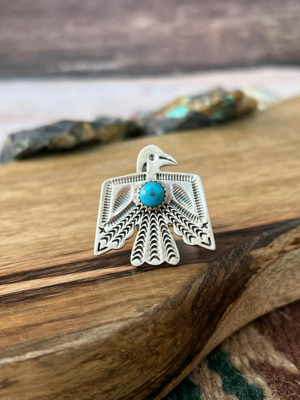 Handmade Sterling Silver Kingman Turquoise Thunderbird Adjustable Ring "Signed Nizhoni"