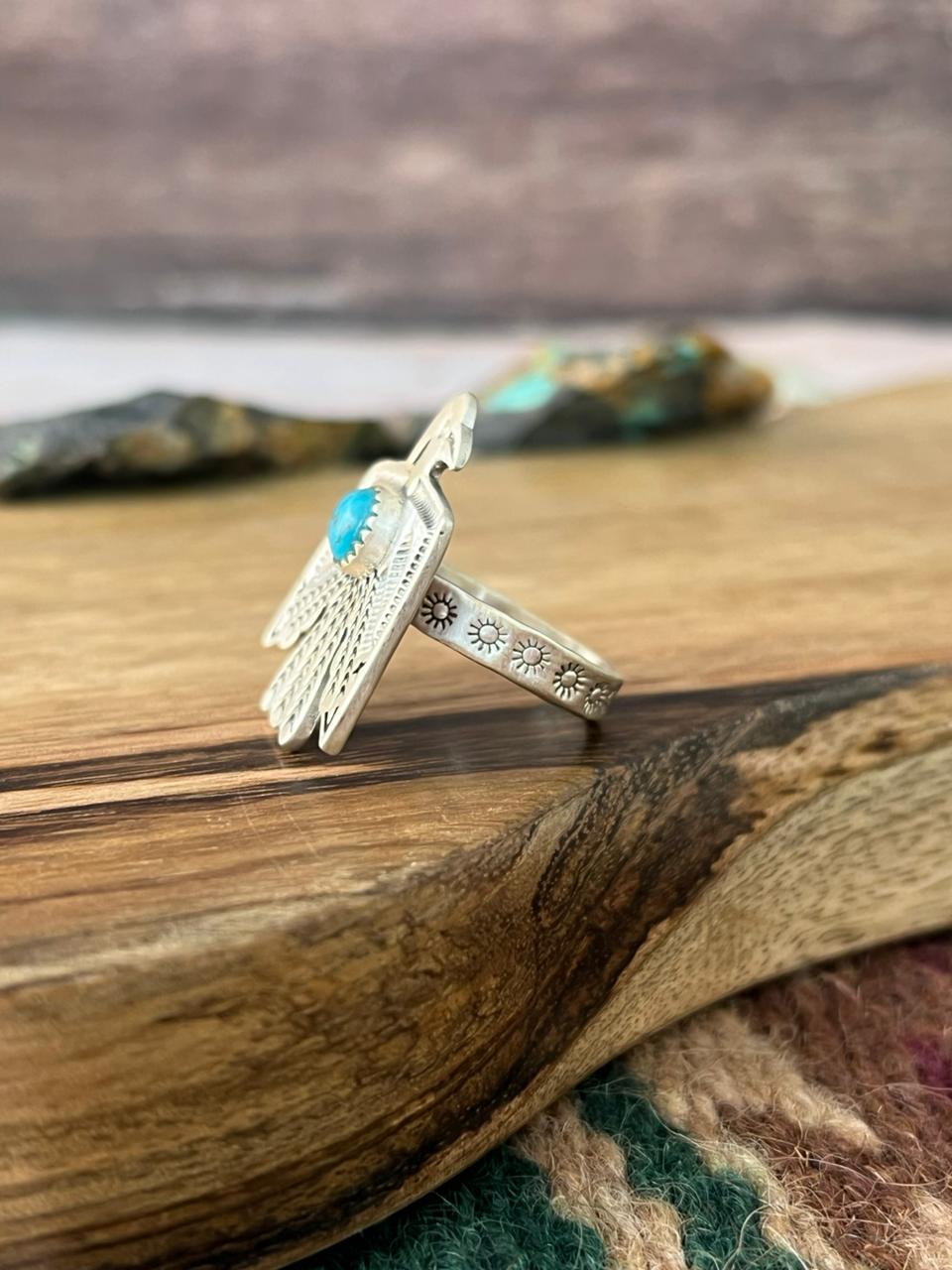 Handmade Sterling Silver Kingman Turquoise Thunderbird Adjustable Ring "Signed Nizhoni"