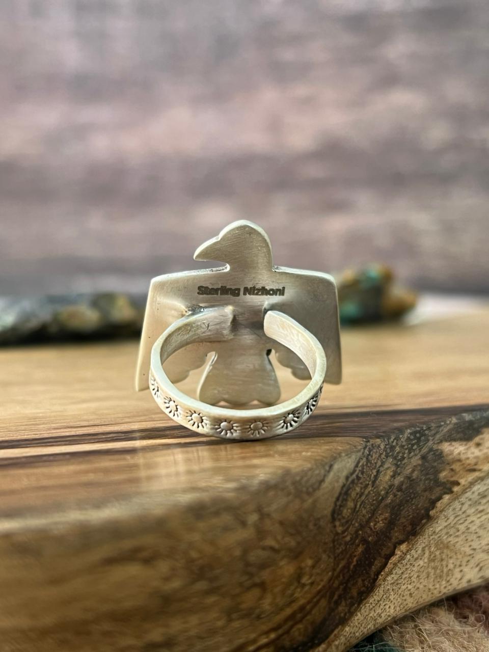 Handmade Sterling Silver Kingman Turquoise Thunderbird Adjustable Ring "Signed Nizhoni"