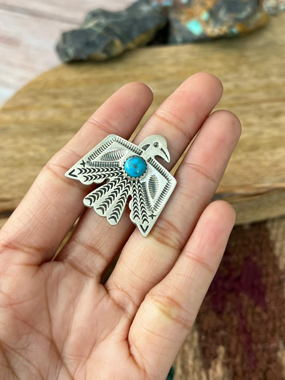 Handmade Sterling Silver Kingman Turquoise Thunderbird Adjustable Ring "Signed Nizhoni"