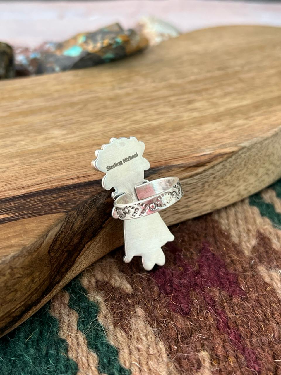 Handmade Sterling Silver Kingman Turquoise Adjustable Ring "Signed Nizhoni"