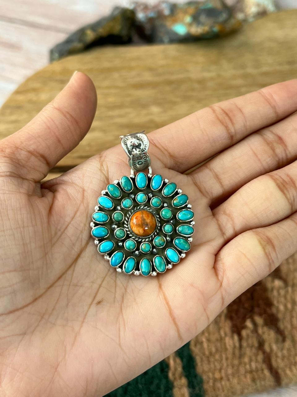 Handmade Sterling Silver Orange Mojave with Kingman Turquoise Pendant "Signed Nizhoni"