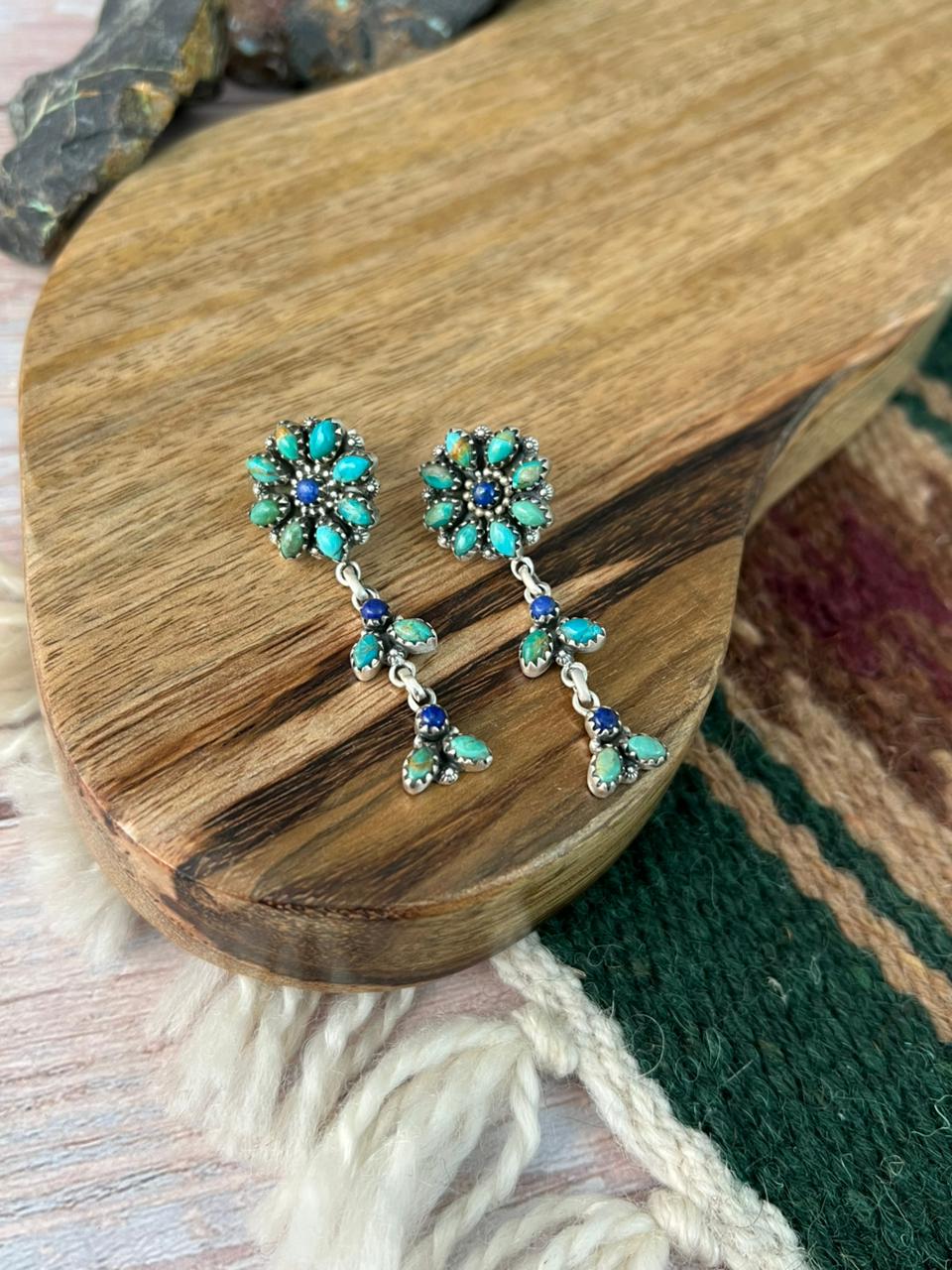 Handmade Sterling Silver Kingman Turquoise with Lapis Post Dangle Earrings "Signed Nizhoni"