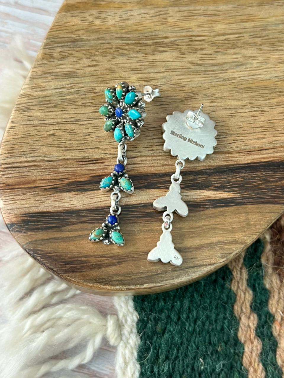 Handmade Sterling Silver Kingman Turquoise with Lapis Post Dangle Earrings "Signed Nizhoni"