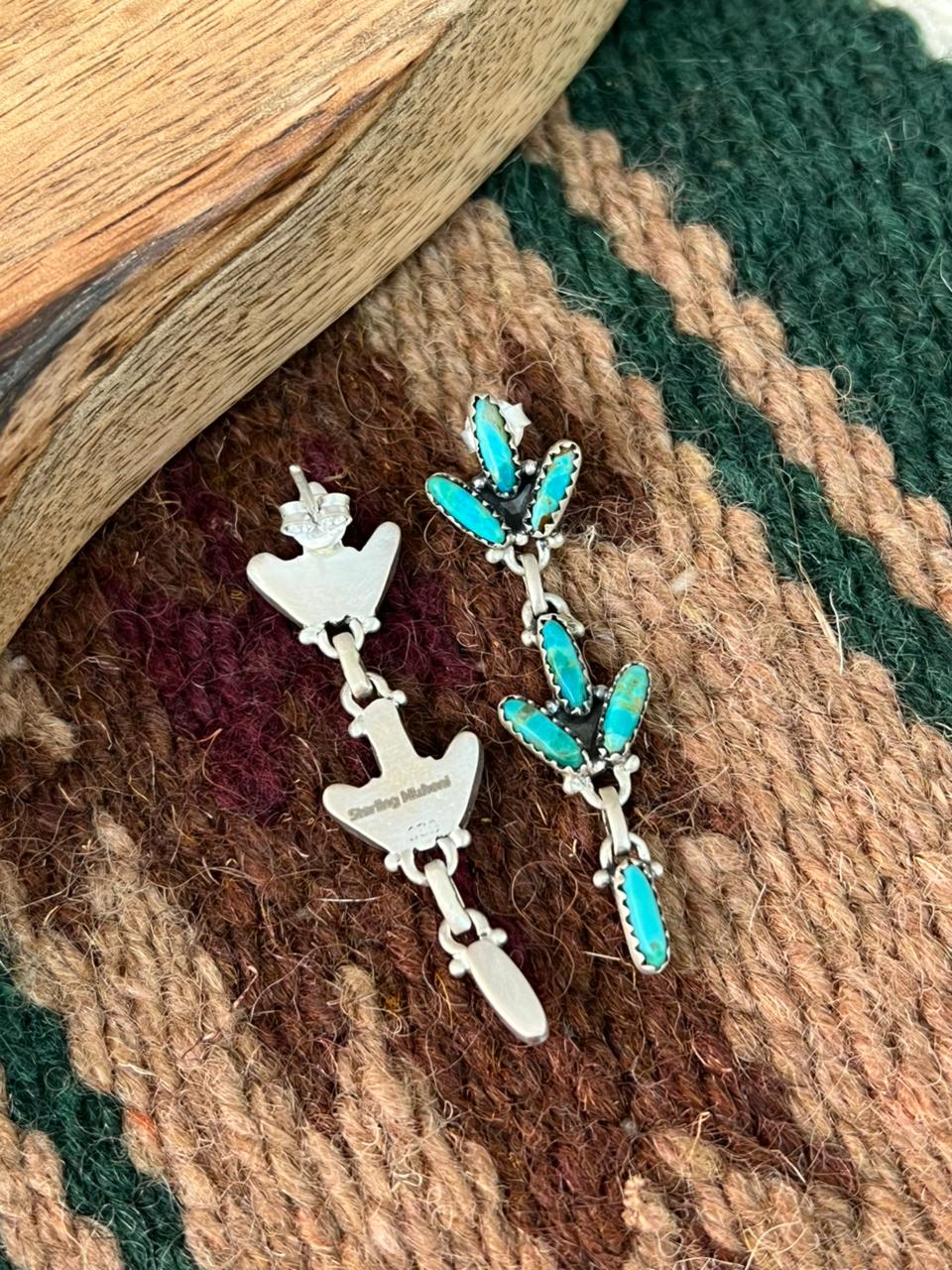 Handmade Sterling Silver Kingman Turquoise Post Dangle Earrings "Signed Nizhoni"