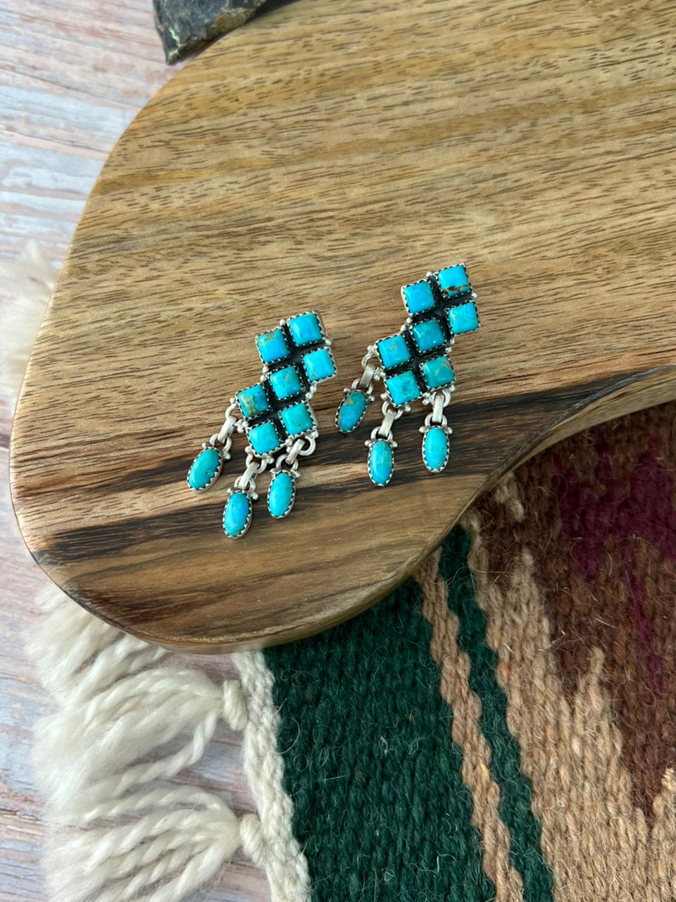 Handmade Sterling Silver Kingman Turquoise Post Dangle Earrings "Signed Nizhoni"