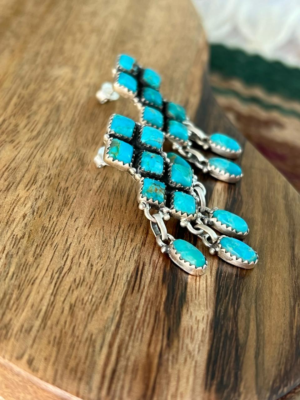 Handmade Sterling Silver Kingman Turquoise Post Dangle Earrings "Signed Nizhoni"