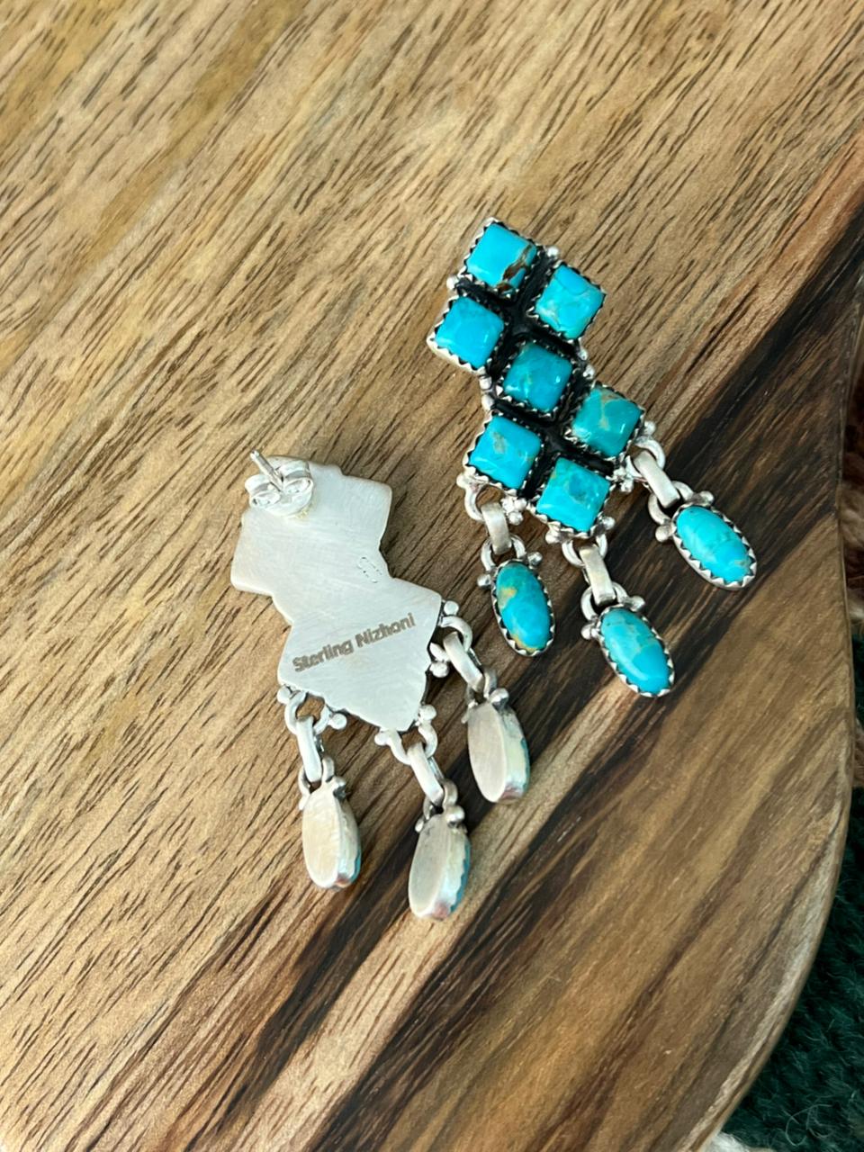 Handmade Sterling Silver Kingman Turquoise Post Dangle Earrings "Signed Nizhoni"