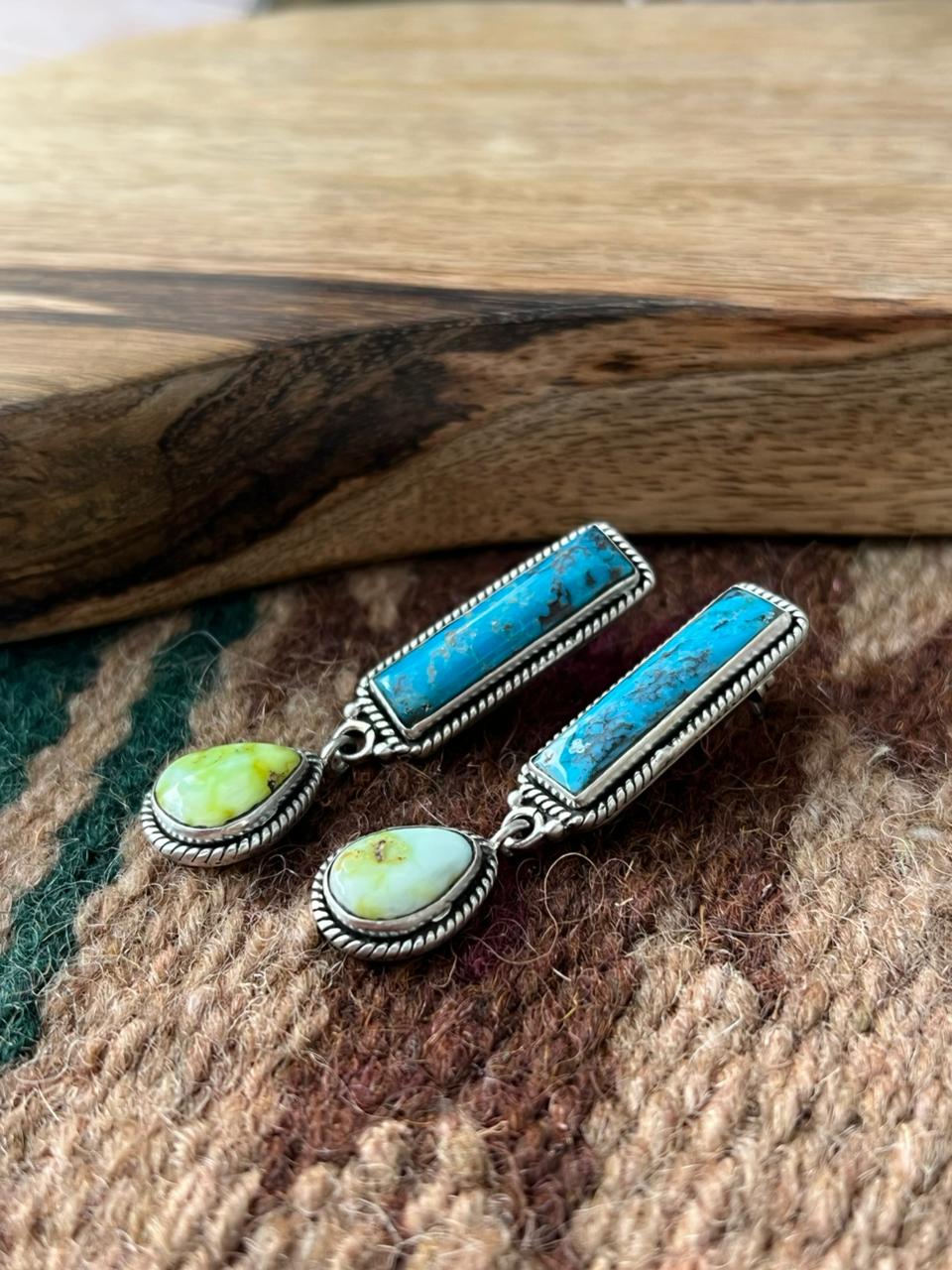 Handmade Sterling Silver Kingman with Palomino Turquoise Post Dangle Earrings "Signed Nizhoni"
