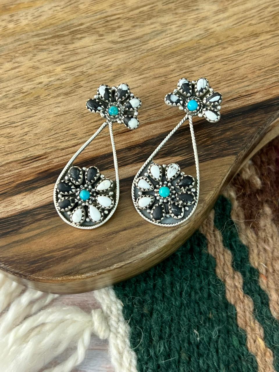 Handmade Sterling Silver Kingman Turquoise with White Buffalo Post Dangle Earrings "Signed Nizhoni"