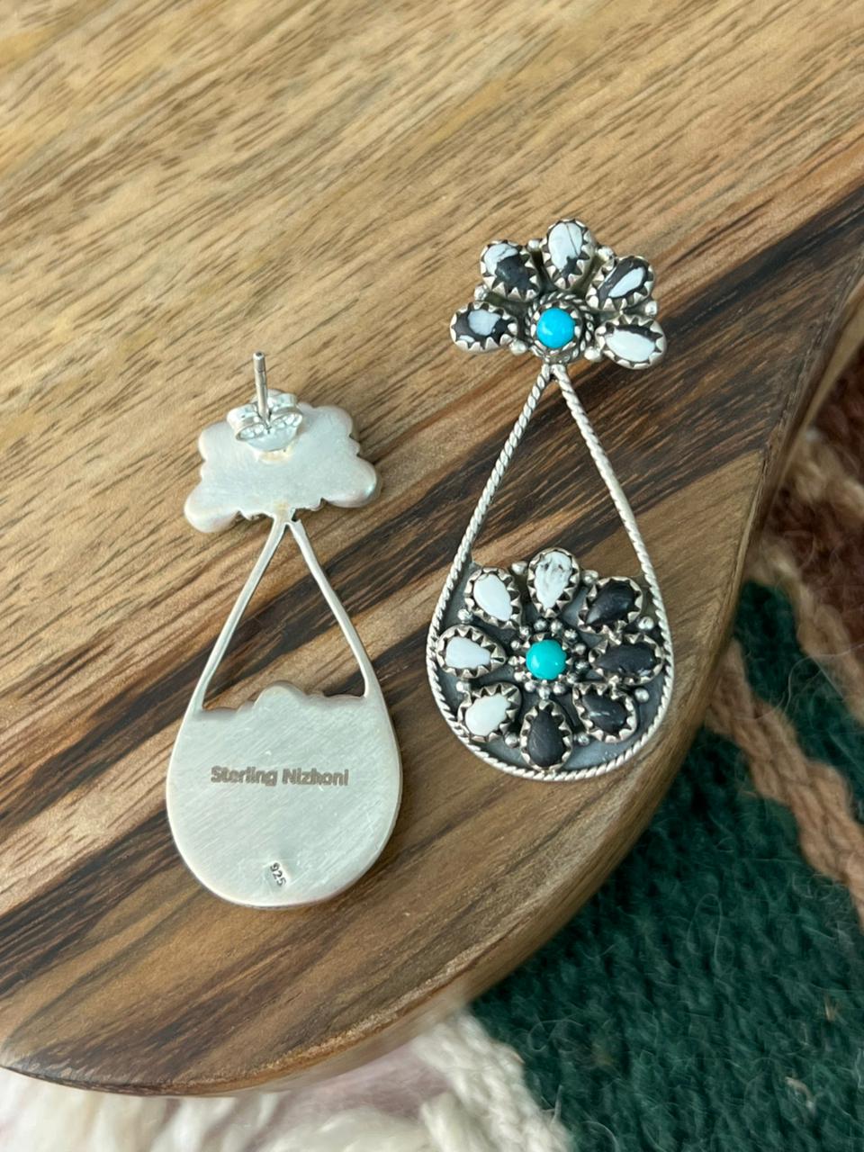 Handmade Sterling Silver Kingman Turquoise with White Buffalo Post Dangle Earrings "Signed Nizhoni"