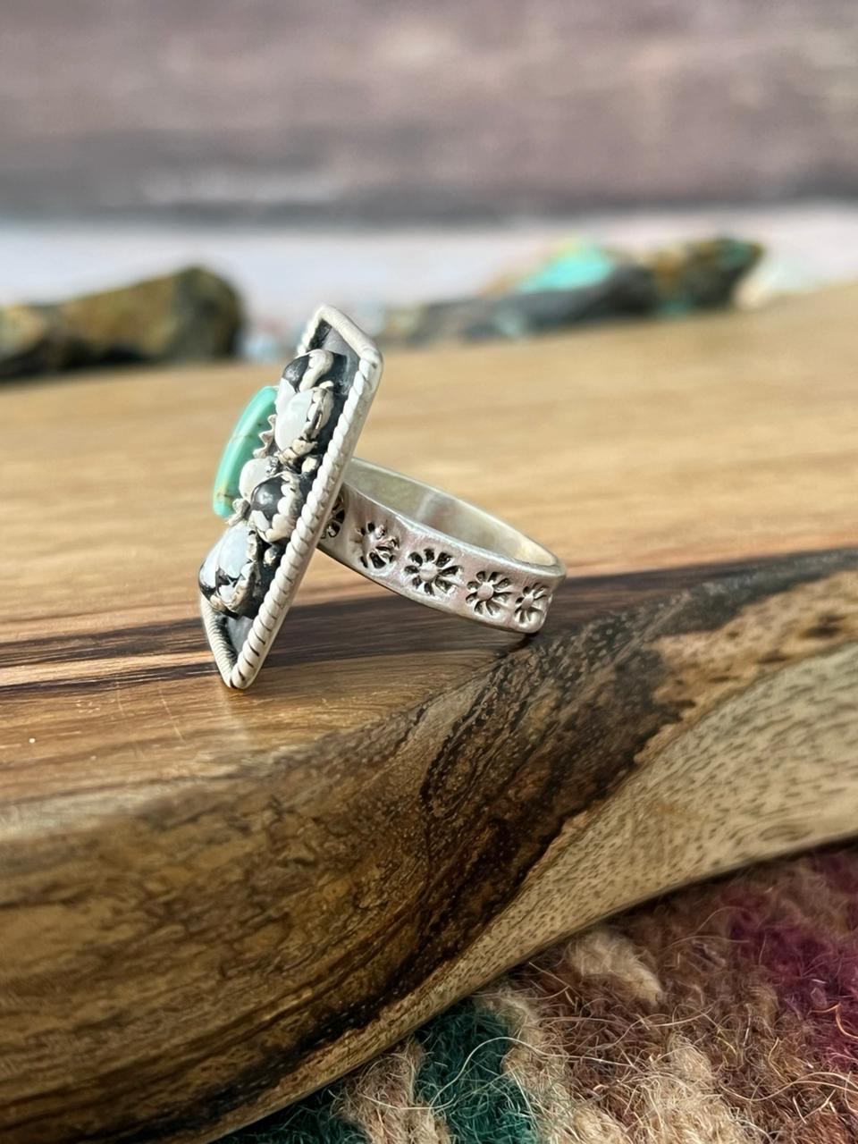 Handmade Sterling Silver White Buffalo with Kingman Turquoise Adjustable Ring "Signed Nizhoni"