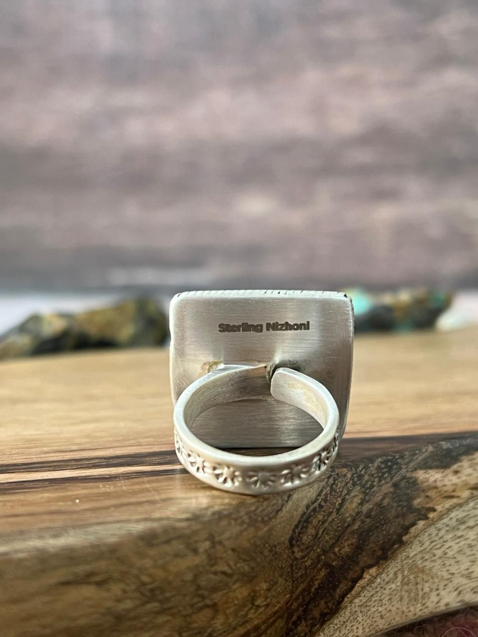 Handmade Sterling Silver White Buffalo with Kingman Turquoise Adjustable Ring "Signed Nizhoni"