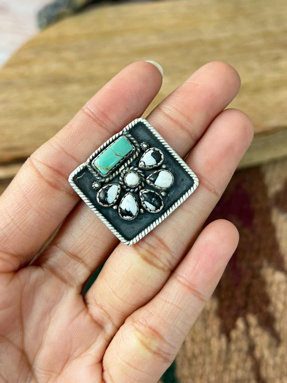 Handmade Sterling Silver White Buffalo with Kingman Turquoise Adjustable Ring "Signed Nizhoni"