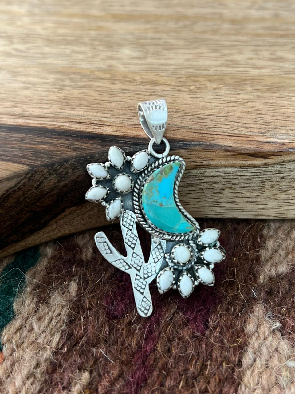 Handmade Sterling Silver Kingman Turquoise with White Buffalo Pendant "Signed Nizhoni"