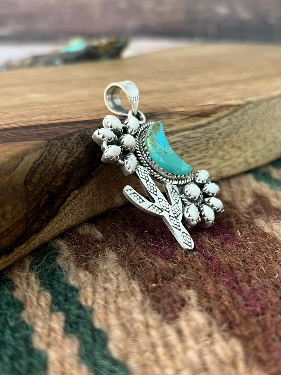 Handmade Sterling Silver Kingman Turquoise with White Buffalo Pendant "Signed Nizhoni"